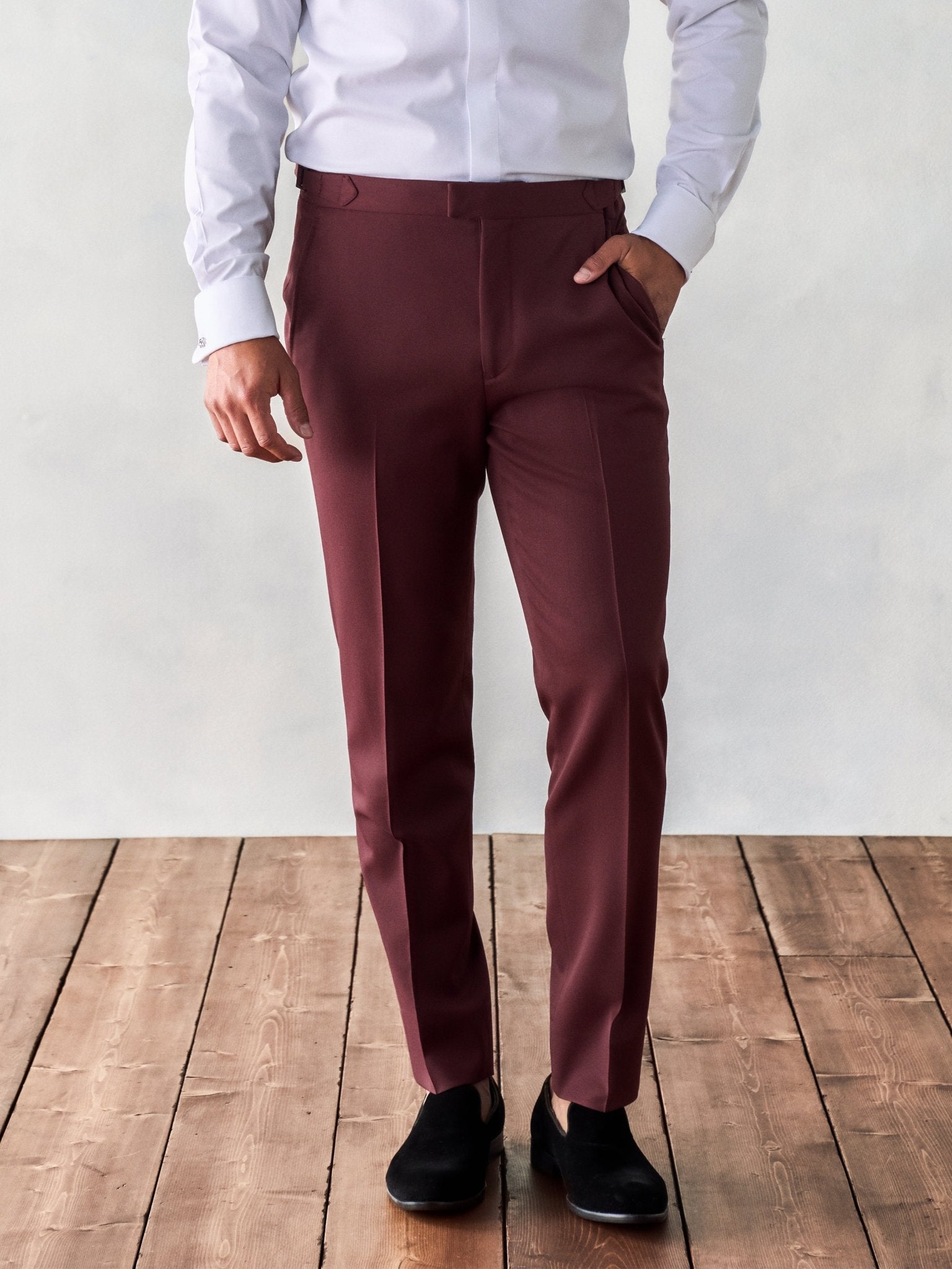 The Black Tux Burgundy Twill Tuxedo Pants-Slim In Red/Brown/Purple | Size: 28/32