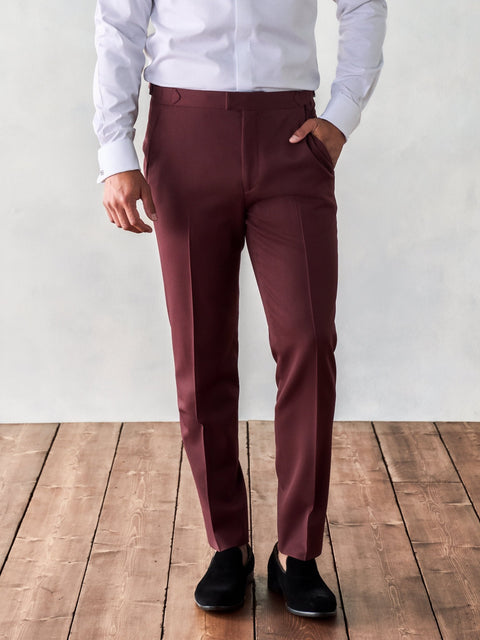 The Black Tux Burgundy Twill Tuxedo Pants-Slim In Red/Brown/Purple | Size: 28/32 | Elastane/Marino Wool The Black Tux Burgundy Twill Tuxedo Pants-Slim In Red/Brown/Purple | Size: 28/32 | Elastane/Marino Wool