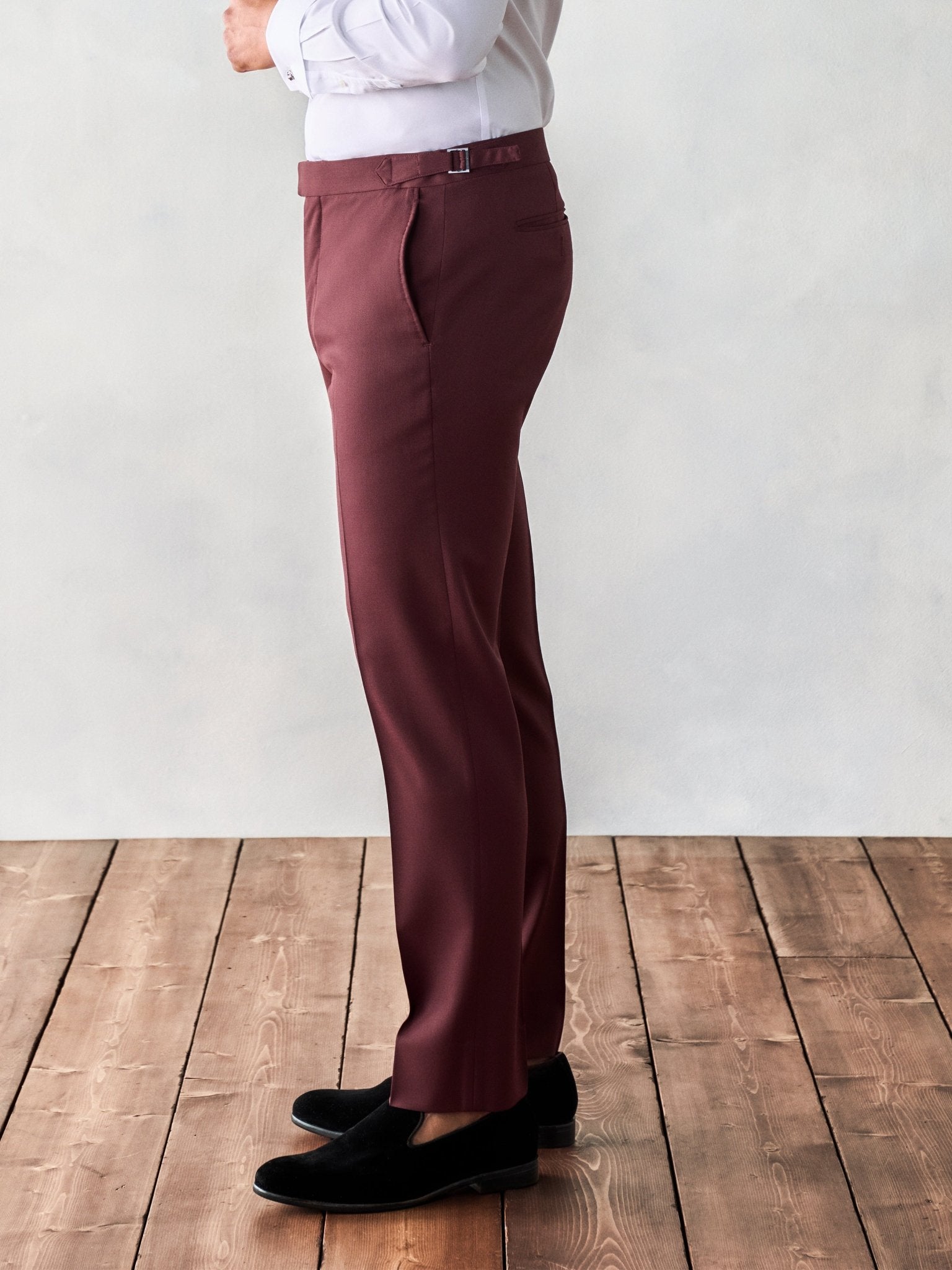 The Black Tux Burgundy Twill Tuxedo Pants-Slim In Red/Brown/Purple | Size: 28/32