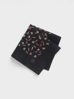 Black handkerchief with colorful bottle and drink patterns.