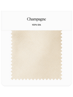 Fabric swatch labeled Champagne, 100% silk with a striped pattern.