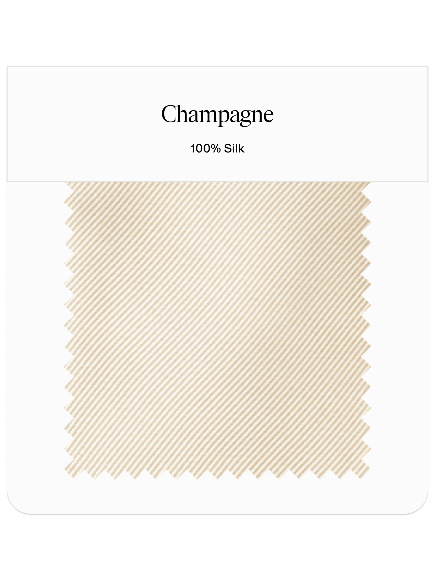 Fabric swatch labeled Champagne, 100% silk with a striped pattern.