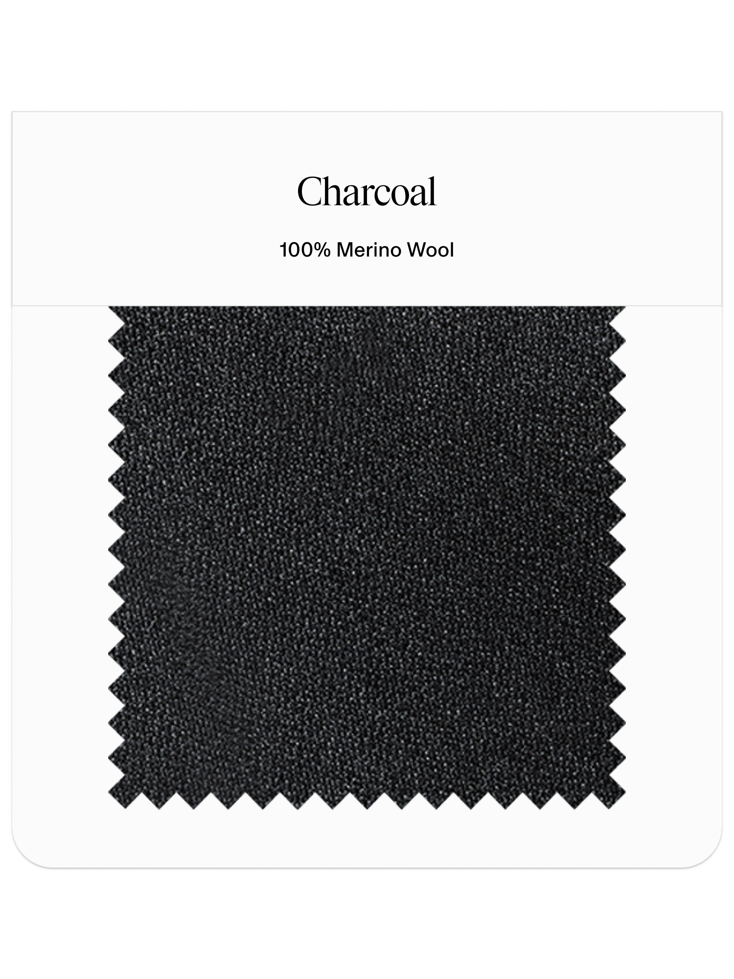 Charcoal fabric swatch labeled 100% Merino Wool.