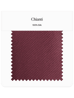 Fabric swatch labeled Chianti, 100% silk, with a textured pattern in a deep red color.