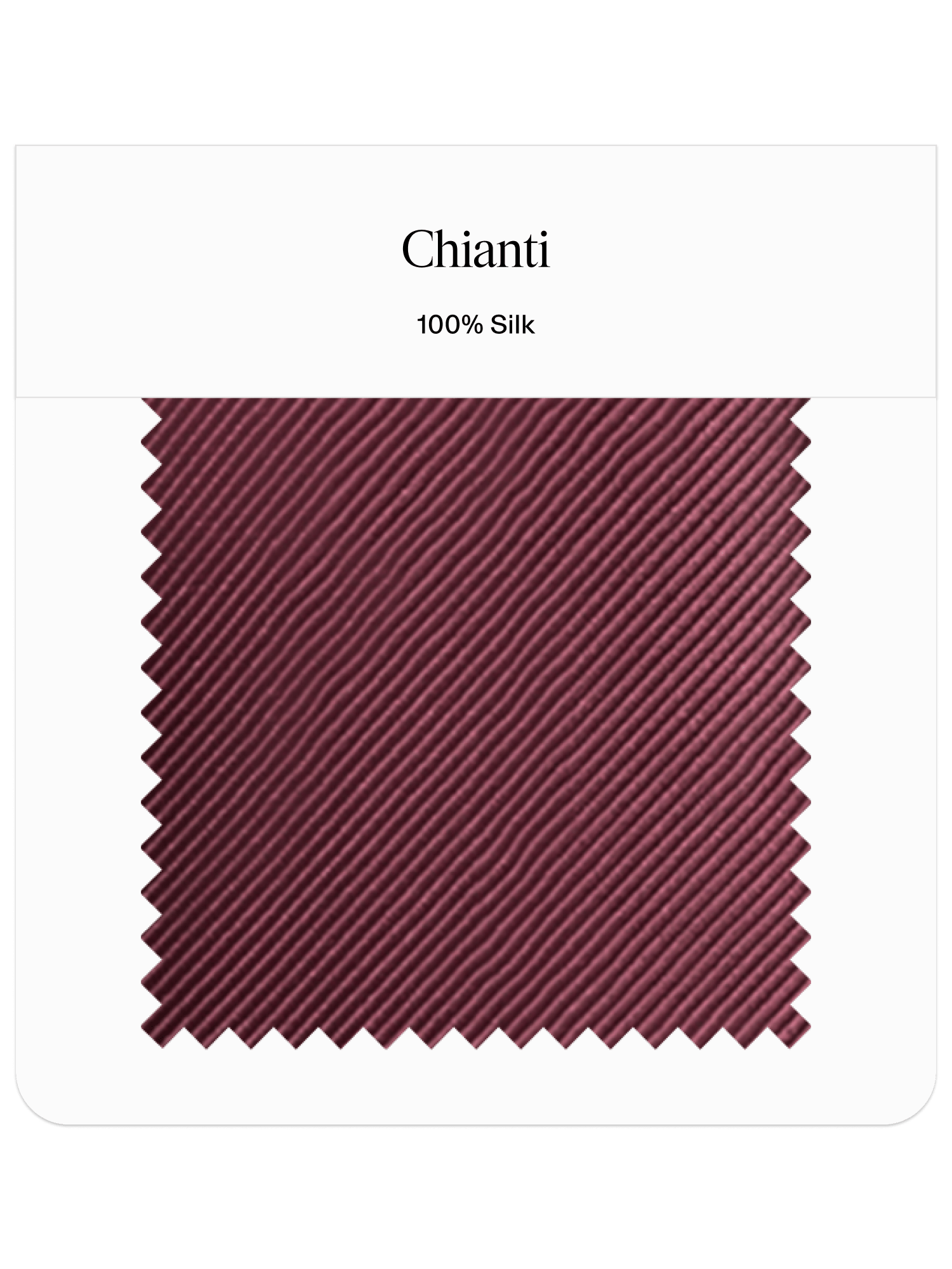 Fabric swatch labeled Chianti, 100% silk, with a textured pattern in a deep red color.