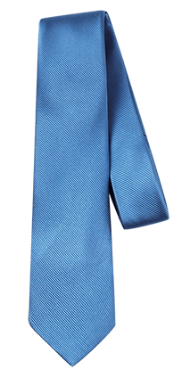 Solid blue tie with a textured pattern, hanging diagonally.