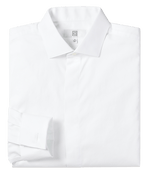 Folded white dress shirt with a buttoned collar and cuff.