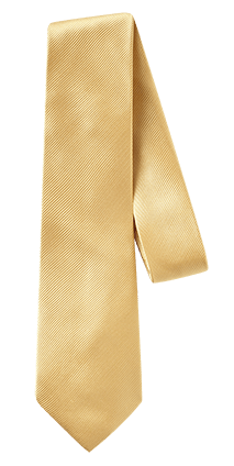 Solid gold tie with a textured pattern, hanging down.