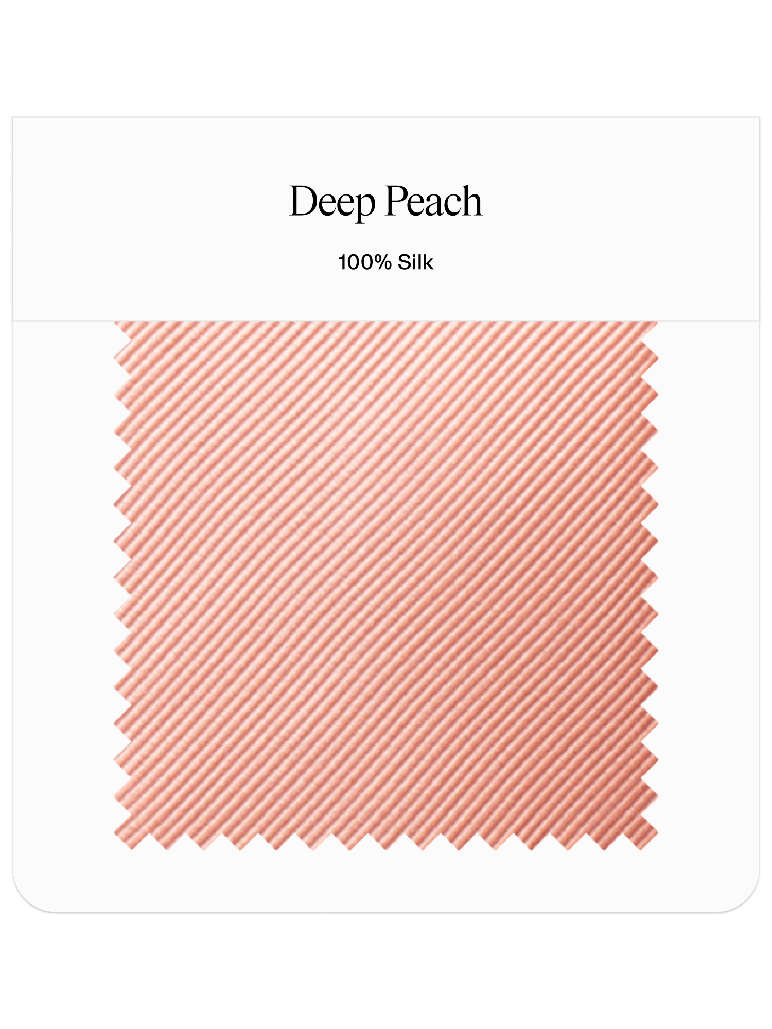 Fabric swatch labeled Deep Peach, 100% Silk, with a ribbed texture.