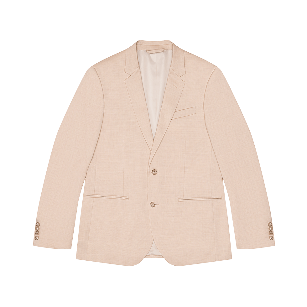 Light beige suit jacket with two buttons and pockets.