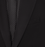 Close-up of a black tuxedo jacket with a polka dot lapel.