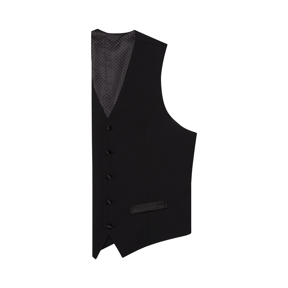 Black formal vest with a polka dot lining and five buttons.