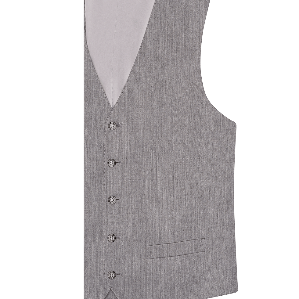 Gray vest with six buttons and a pocket on the left side.