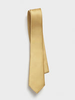 A yellow tie with a textured pattern, hanging against a white background.