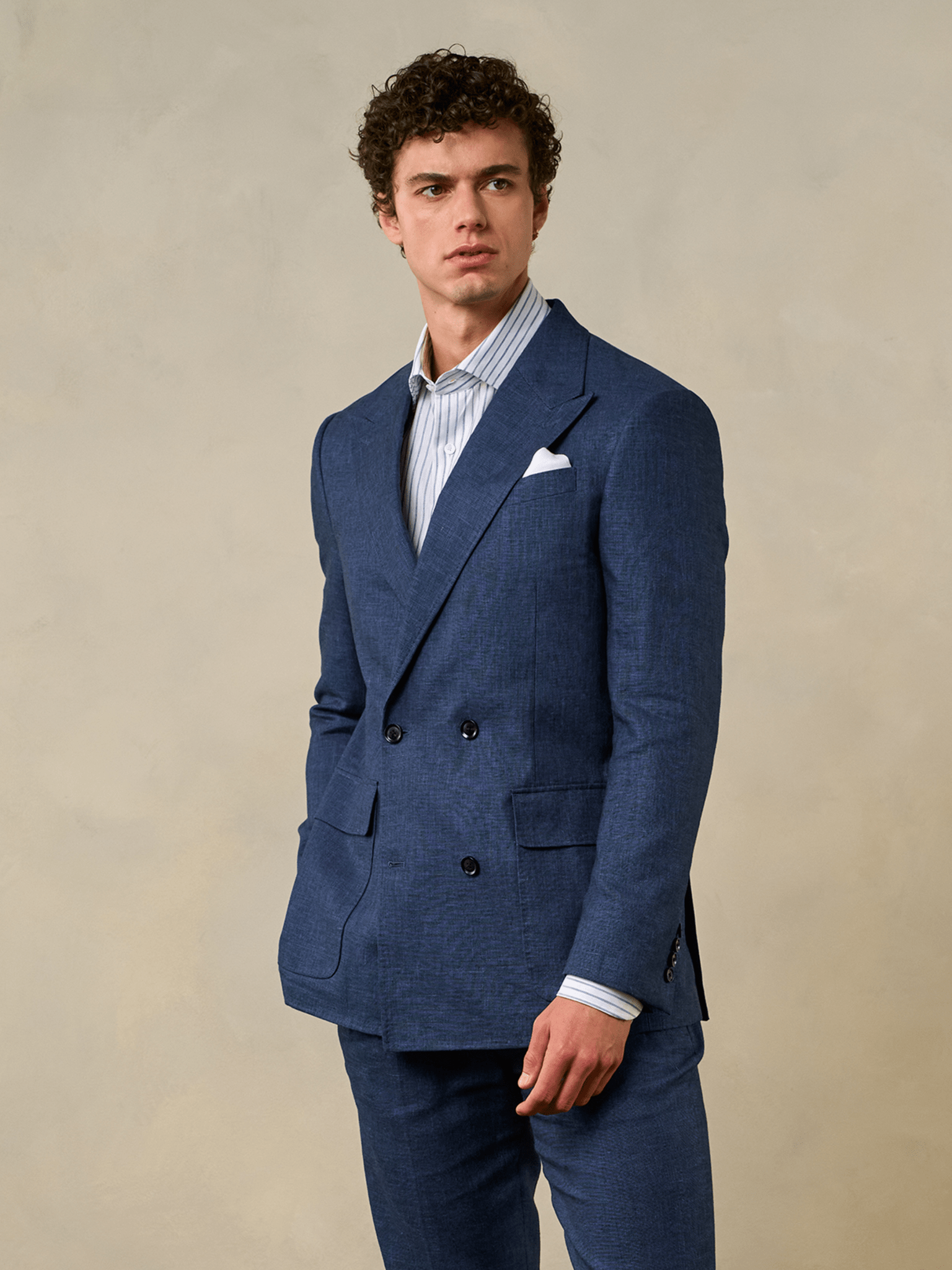The Black Tux Ink Double Breasted Linen Jacket In Blue | Size: 42 | Cotton/Linen