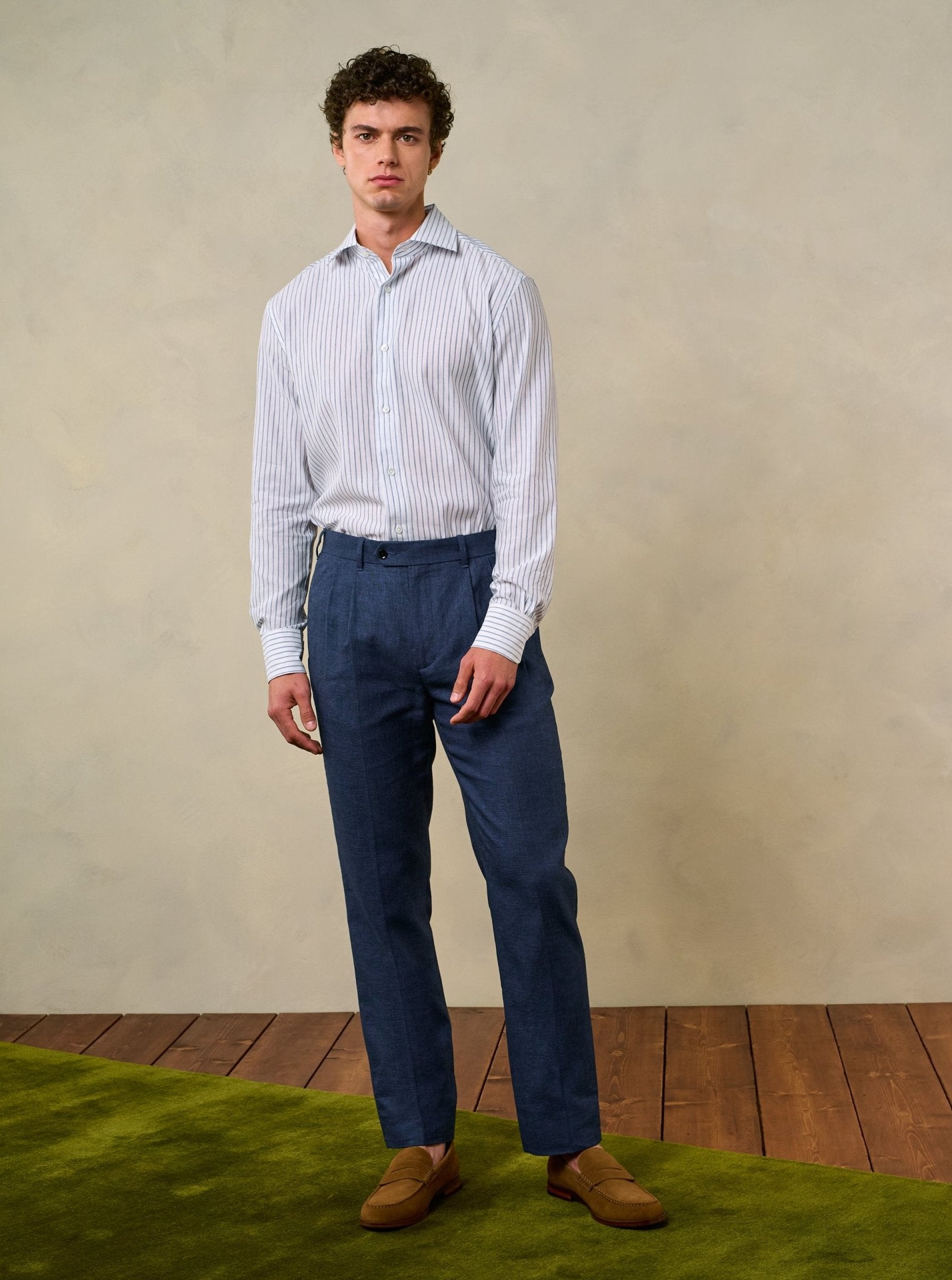 Ink Blue Pleated Linen Pants - Classic - The Black Tux