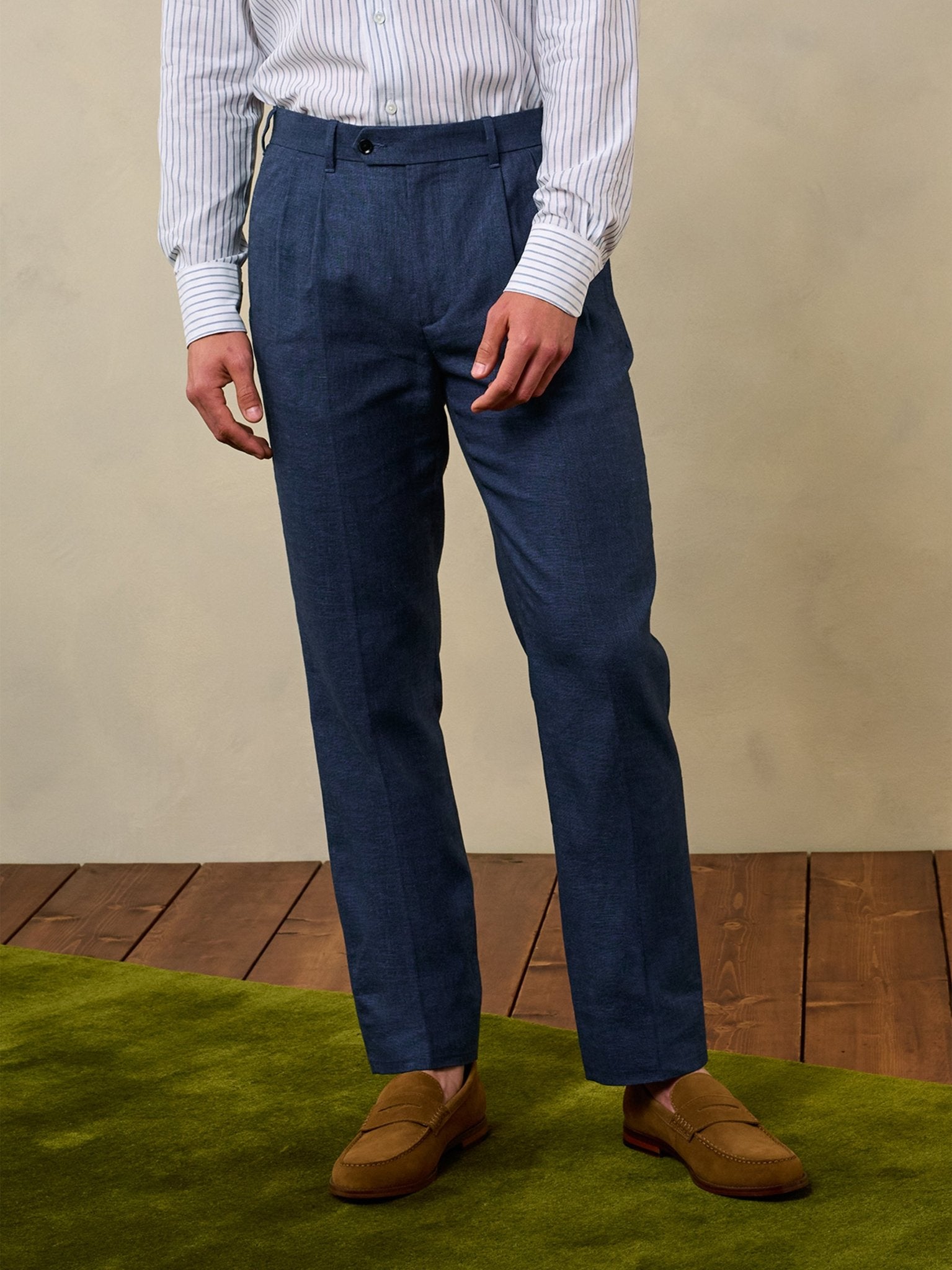 The Black Tux Ink Blue Pleated Linen Pants-Slim In Black | Size: 30/34