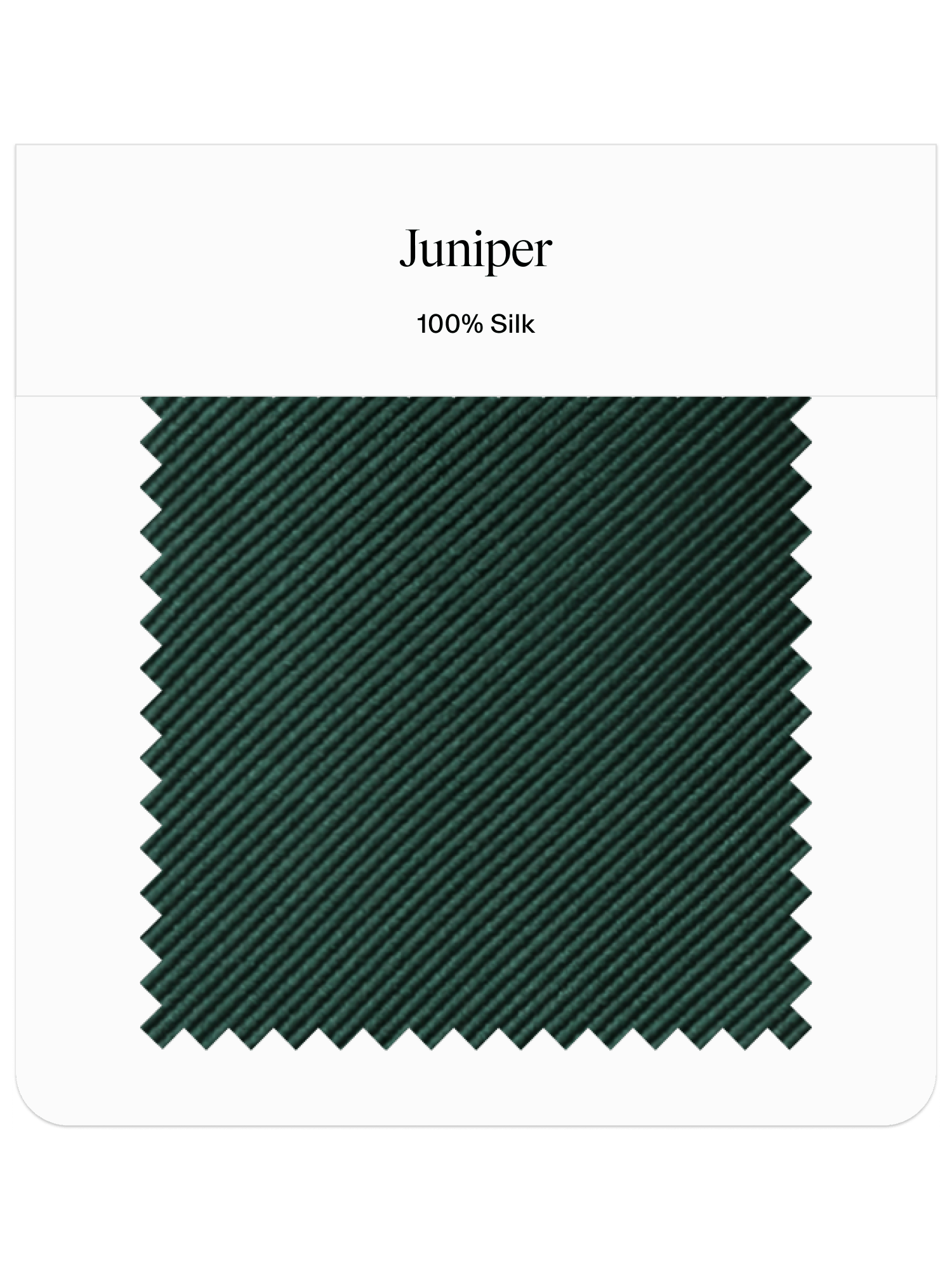 Swatch of dark green fabric labeled Juniper, made of 100% silk.