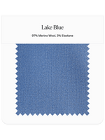 Fabric swatch labeled Lake Blue, made of 97% Merino Wool and 3% Elastane.