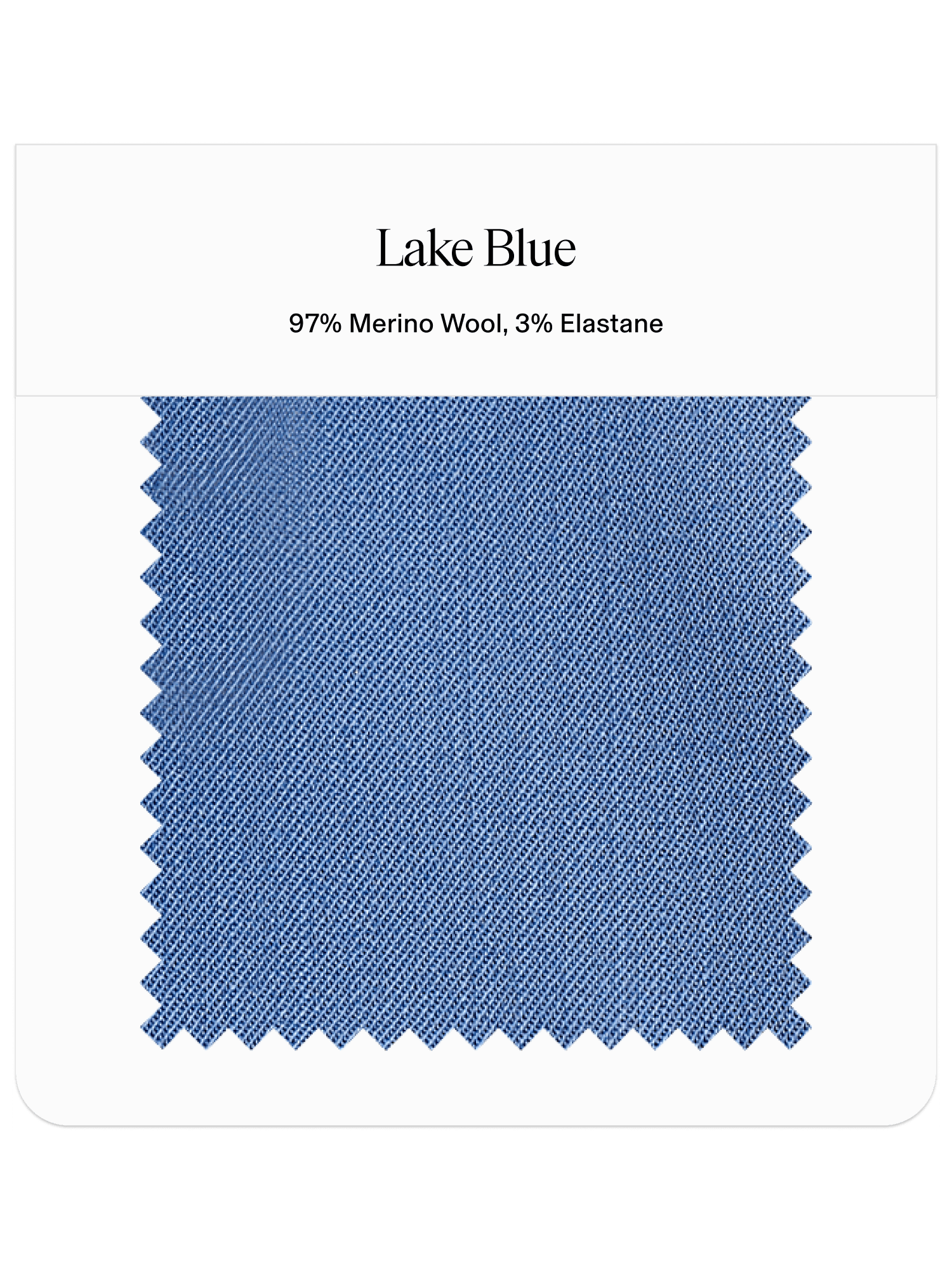 Fabric swatch labeled Lake Blue, made of 97% Merino Wool and 3% Elastane.