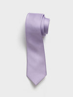 Light purple tie rolled up on a white background.