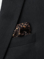 Black tuxedo jacket with a leopard print pocket square.