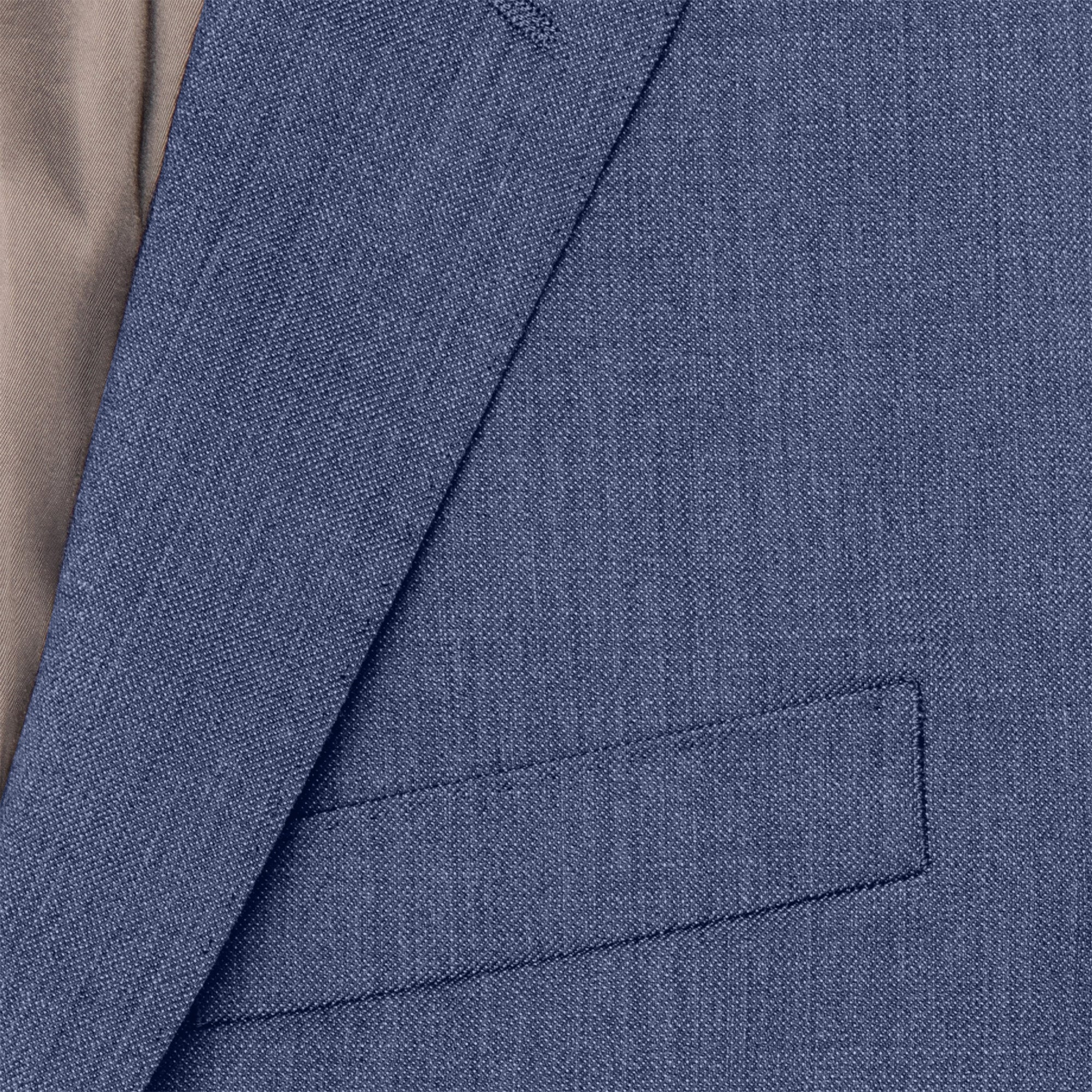 Close-up of a blue suit jacket showing lapel and pocket details.