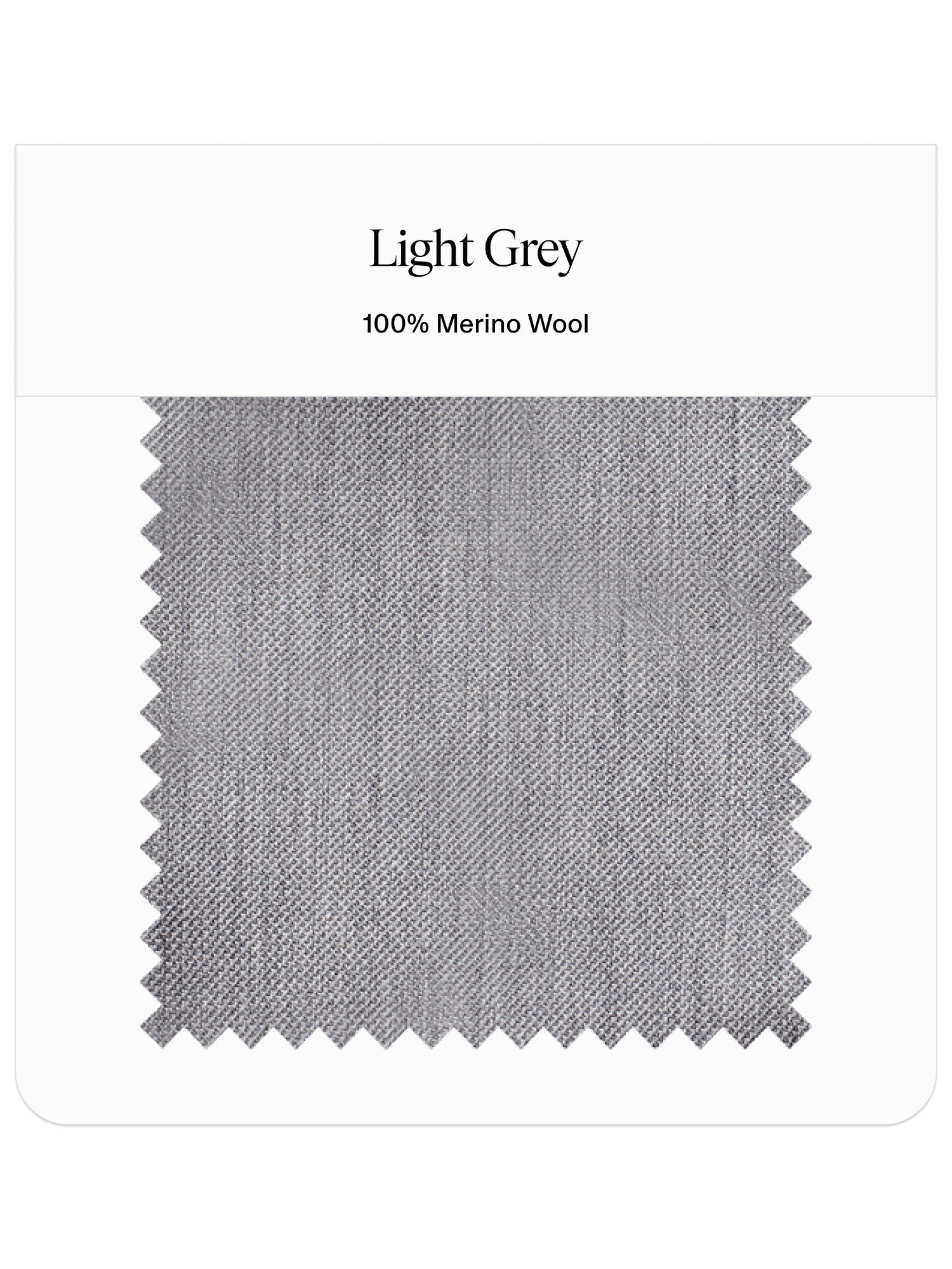 Light grey fabric swatch labeled 100% Merino Wool.
