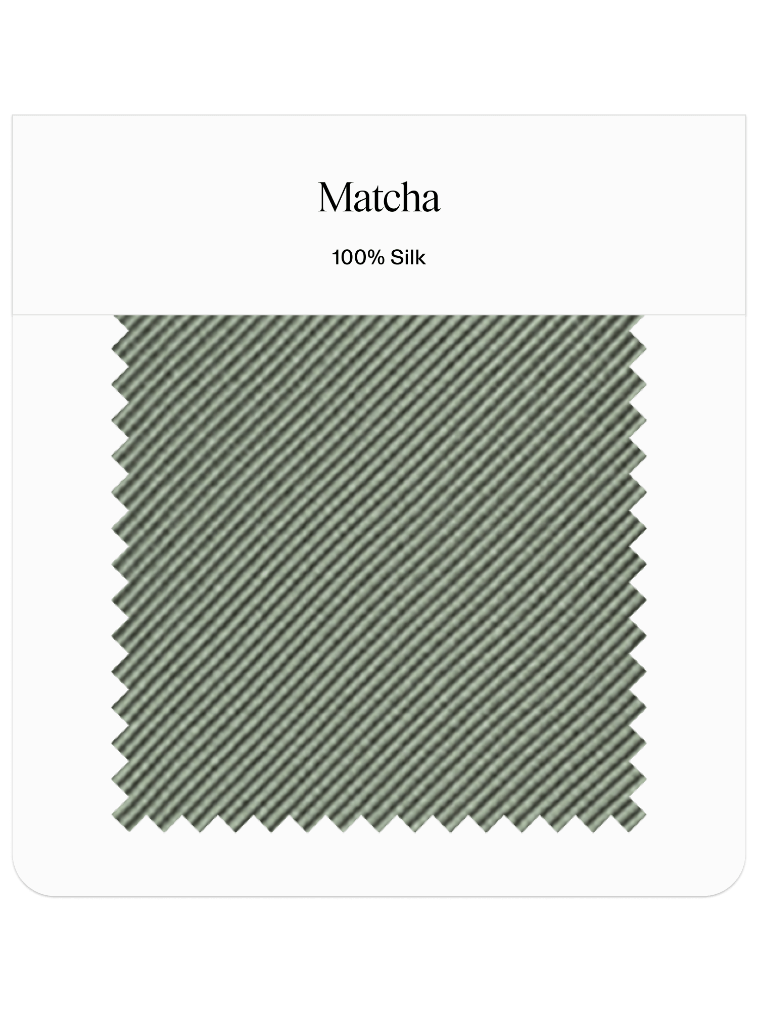 Fabric swatch labeled 'Matcha' in 100% silk with a ribbed texture.
