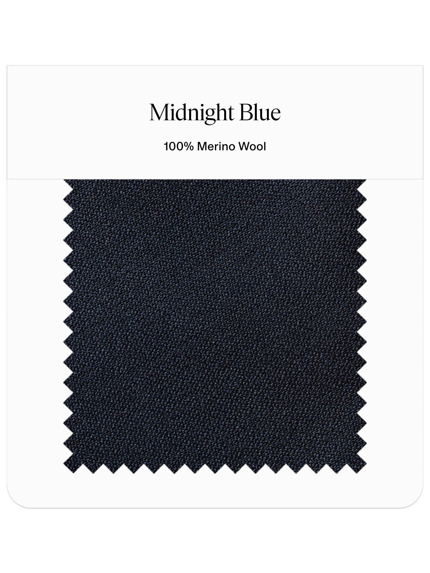 Swatch of midnight blue fabric labeled 100% Merino Wool.