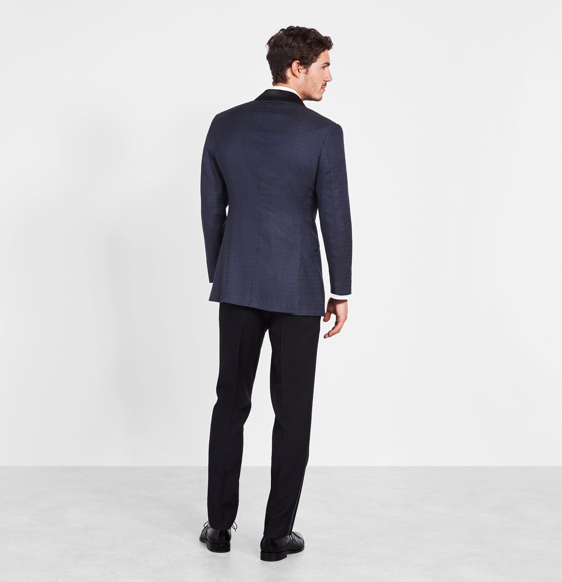 Midnight Pin Dot Tuxedo Jacket Home Try - On - The Black Tux