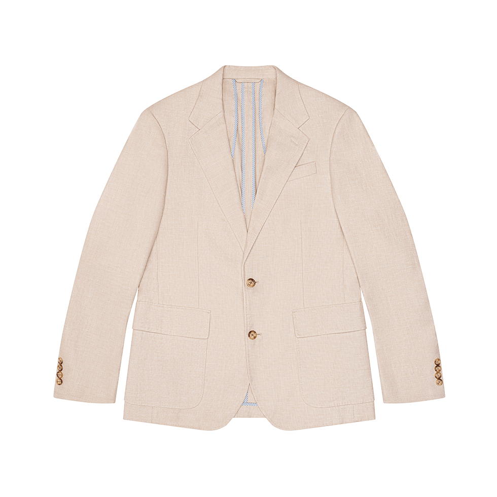 Light beige blazer with two front pockets and gold buttons.