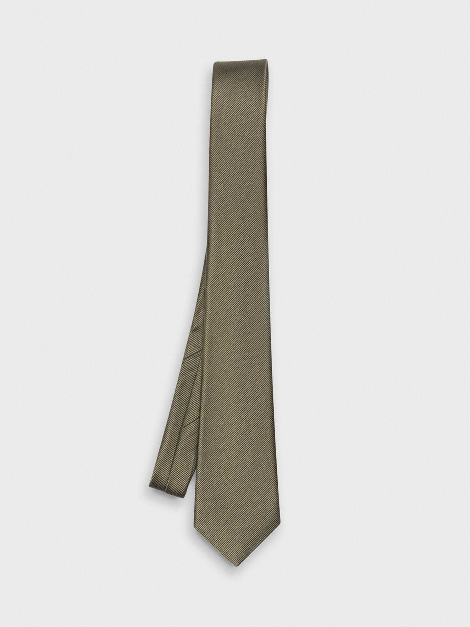 Olive green tie with a textured pattern, hanging against a white background.