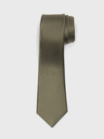 Olive green tie with a textured pattern, rolled up on a white background.
