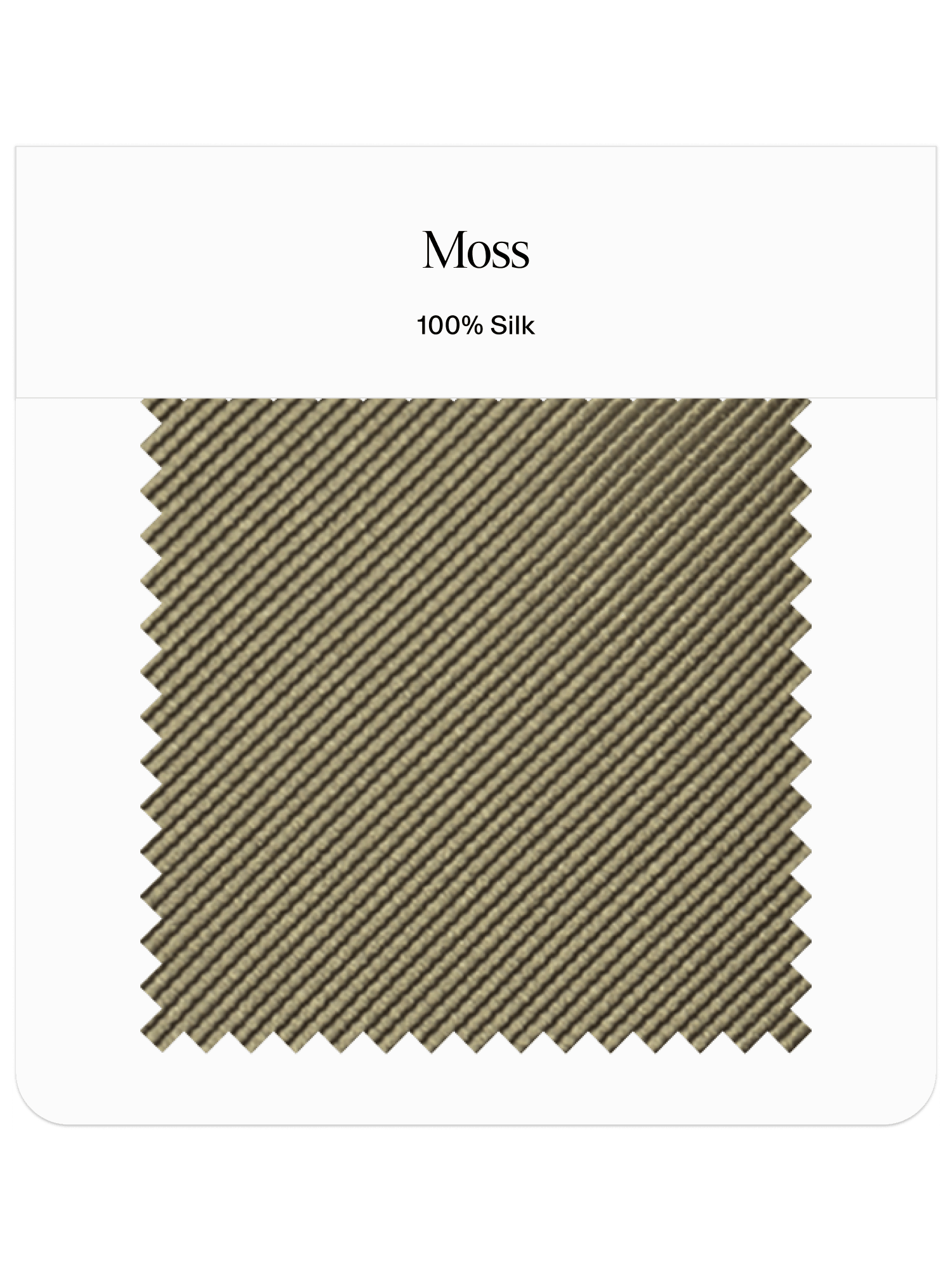 Fabric swatch labeled 'Moss' made of 100% silk.
