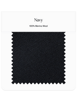 Navy fabric swatch labeled 'Navy' and '100% Merino Wool'.