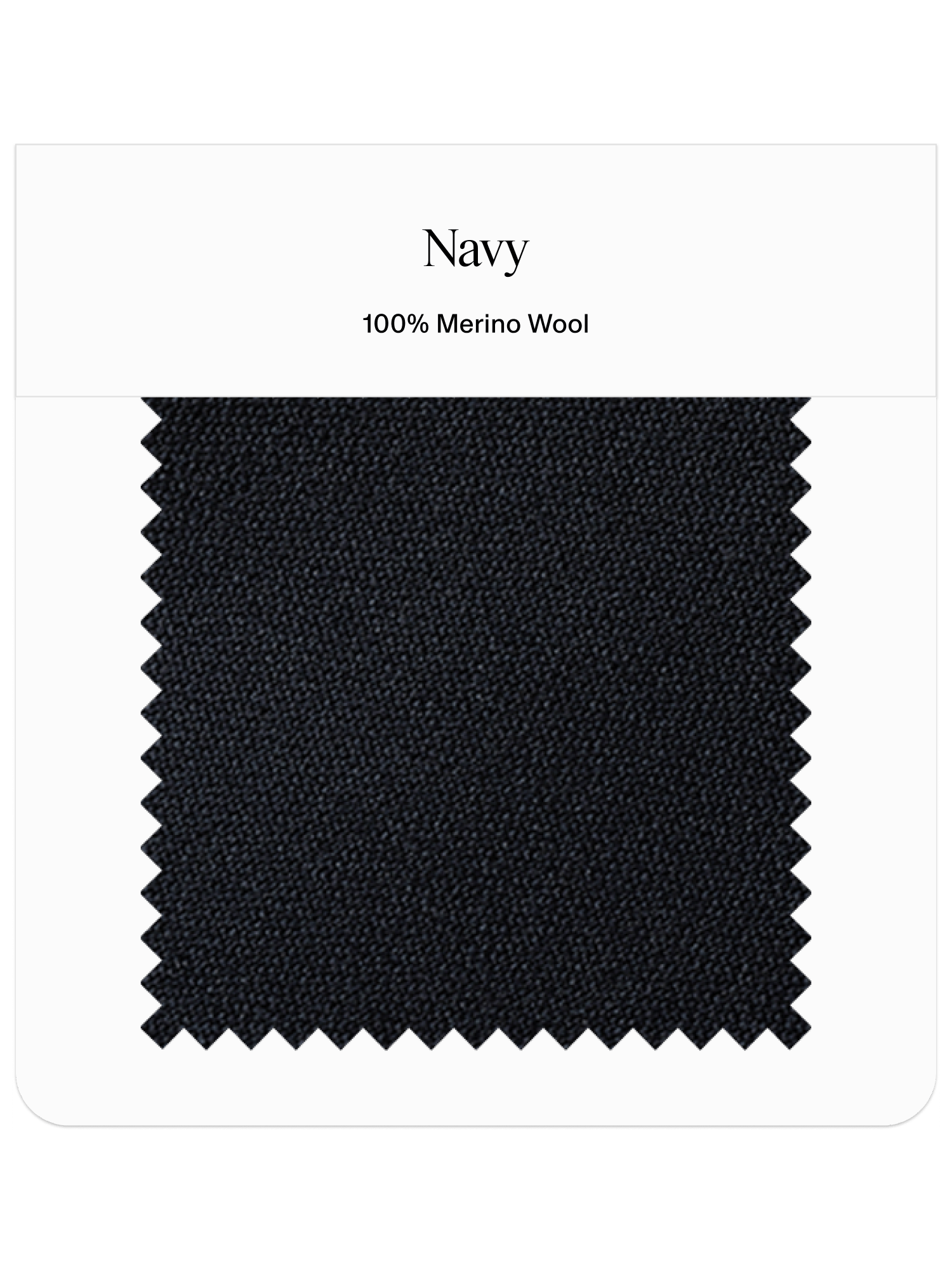Navy fabric swatch labeled 'Navy' and '100% Merino Wool'.