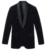 Black tuxedo jacket with a starry night pattern.