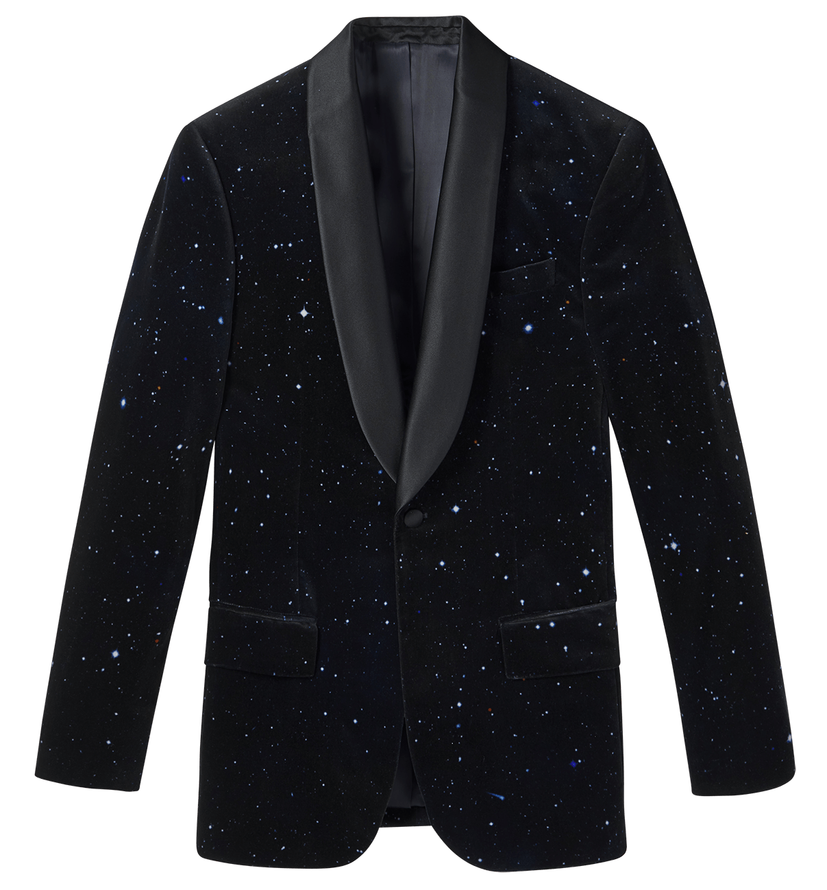 Black tuxedo jacket with a starry night pattern.