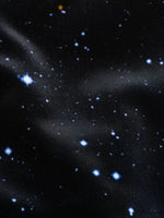 Fabric with a starry night pattern featuring various stars on a black background.