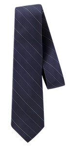 Navy pinstripe linen necktie draped in a loop on light grey background