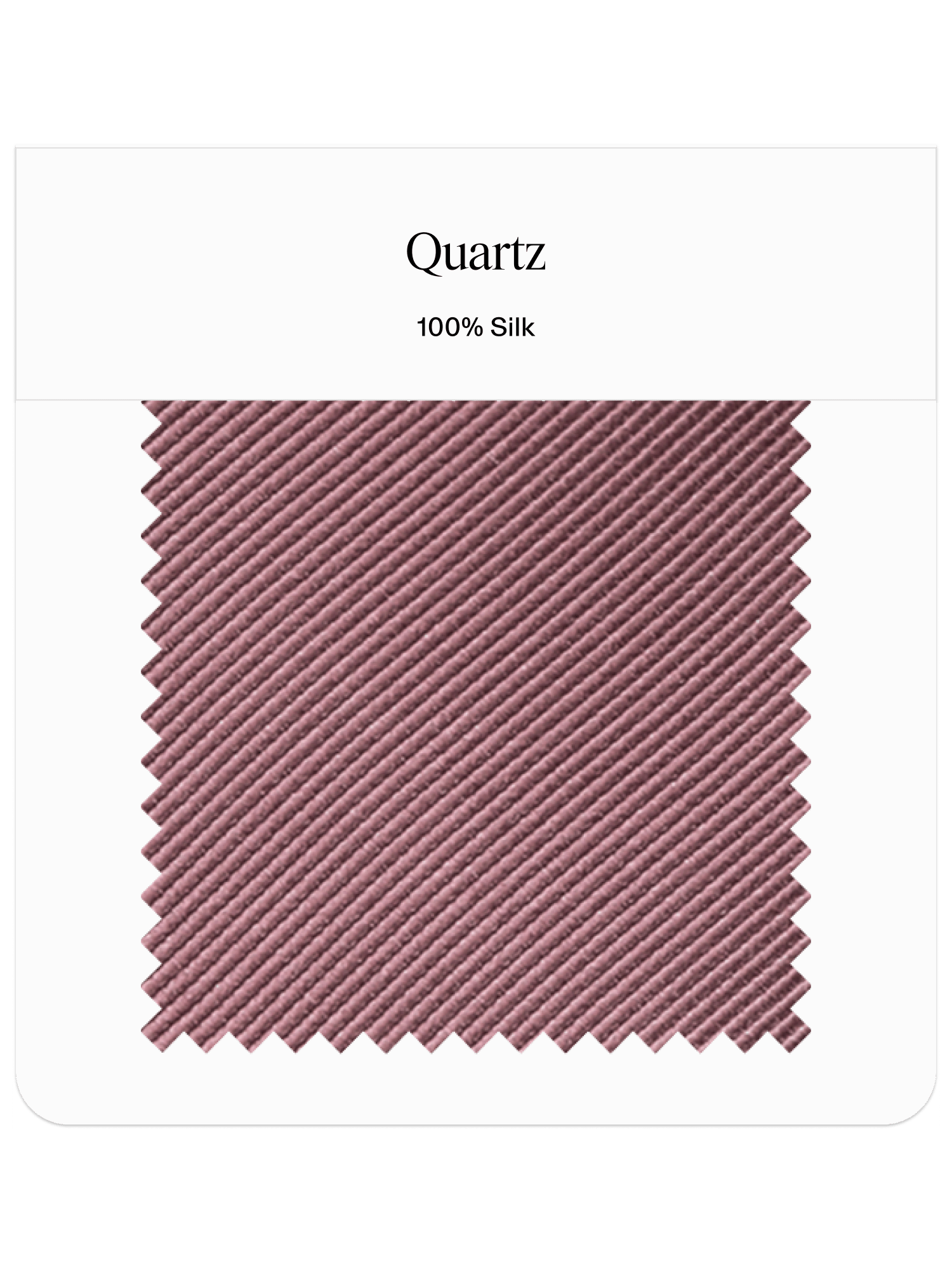 Fabric swatch labeled 'Quartz' in a light mauve color, 100% silk.