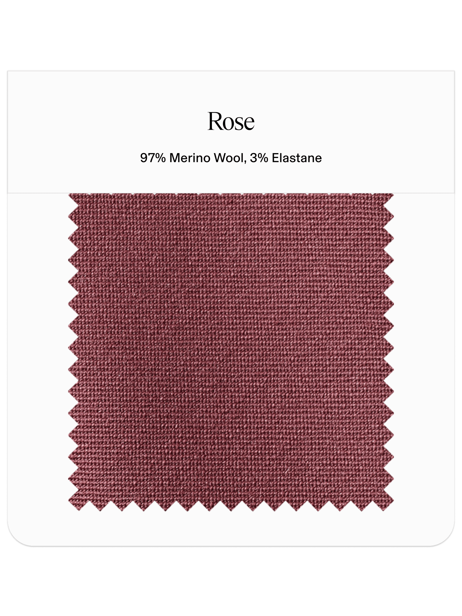 Fabric swatch labeled 'Rose' with composition details.