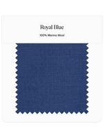 Swatch of royal blue fabric labeled 100% Merino Wool.