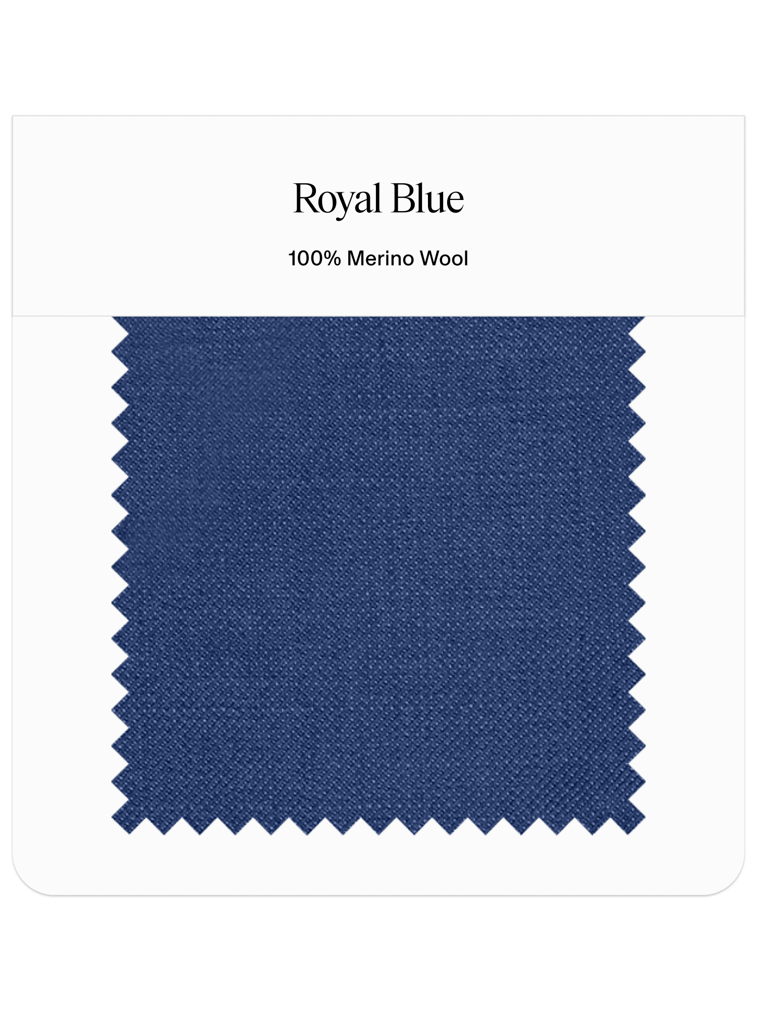 Swatch of royal blue fabric labeled 100% Merino Wool.