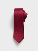 Burgundy tie with a textured pattern, rolled up on a white background.