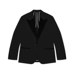 Black tuxedo jacket with satin lapels, displayed flat on a green background.