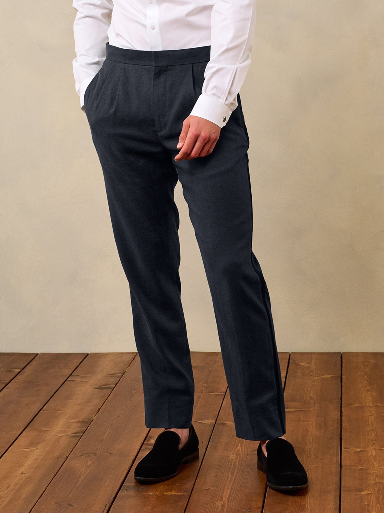 The Black Tux Shadow Linen Tuxedo Pants-Classic In Black | Size: 40/34