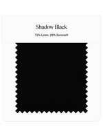 Fabric swatch labeled Shadow Black, 72% Linen, 28% Sorona¬Æ