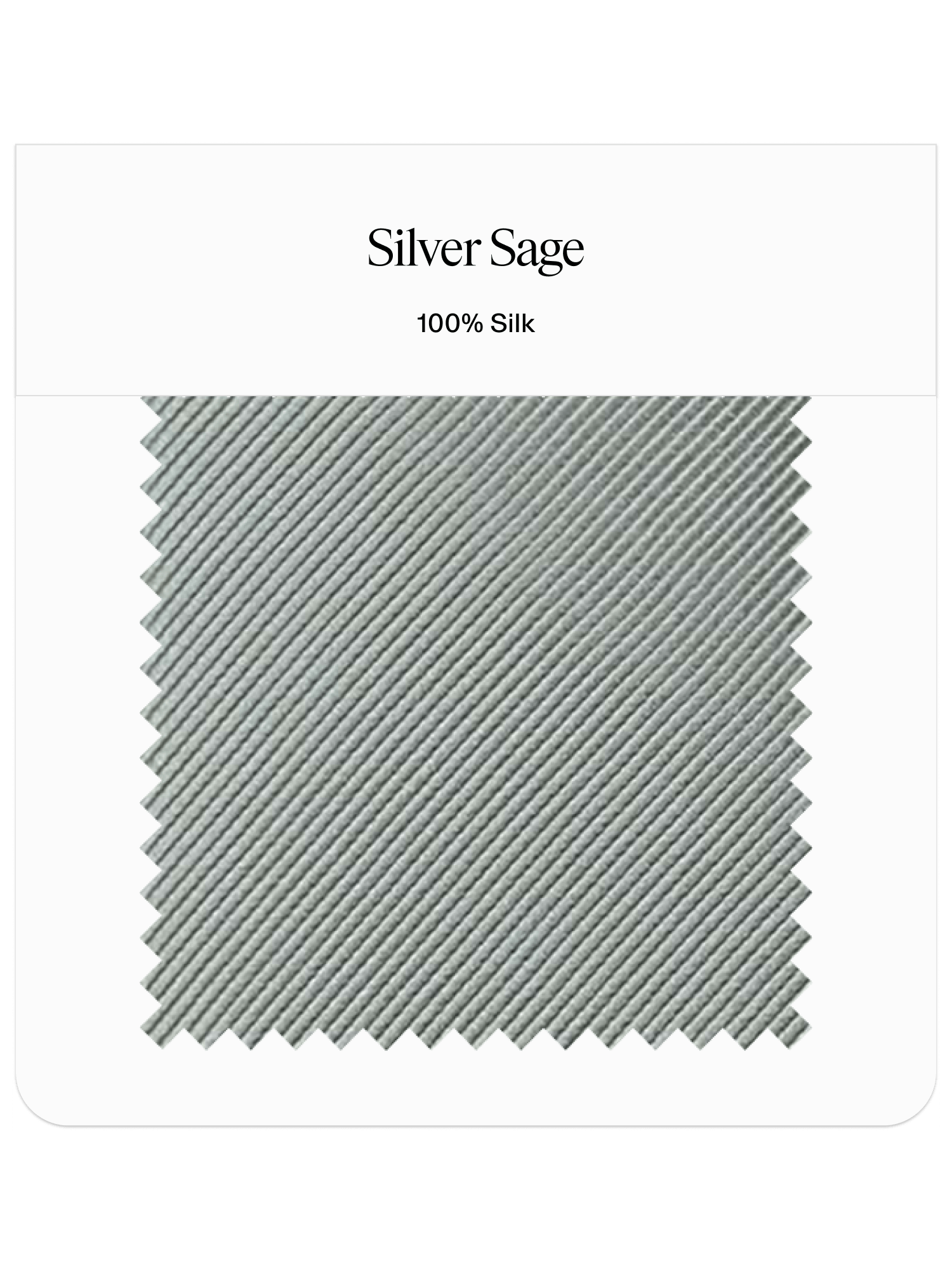 Fabric swatch labeled Silver Sage, 100% Silk with a textured pattern.